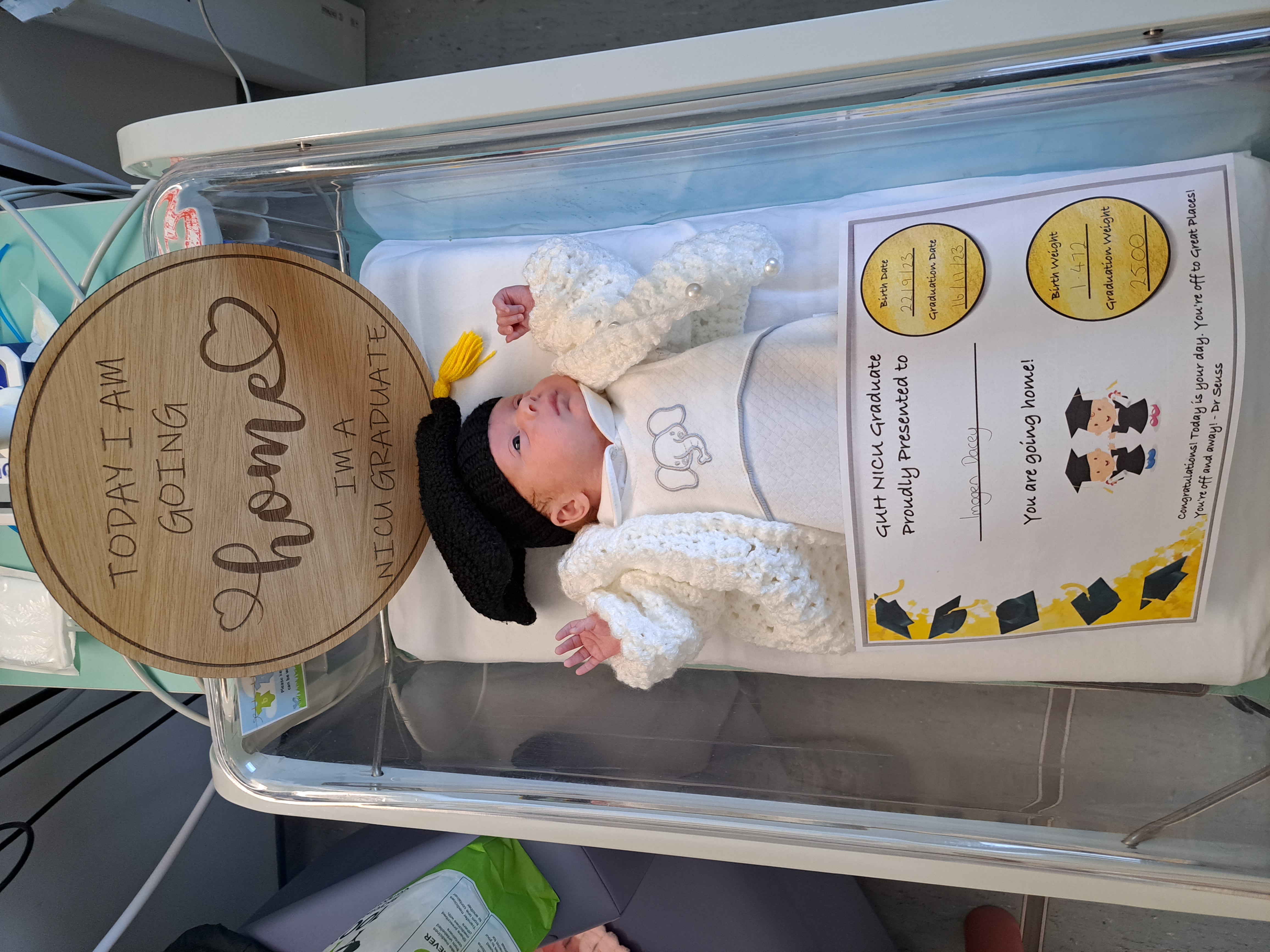 Imogen graduating from hospital and coming home